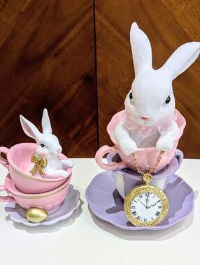 New 2pc Easter Bunny Teacup Clock Timepiece Whimsical  Decor Golden Accent